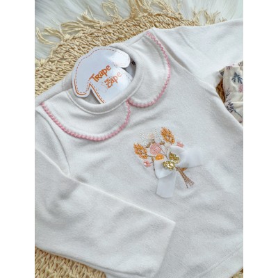 Conj. Blusa em Plush Manga Longa  Florzinhas e Calça - Rosa